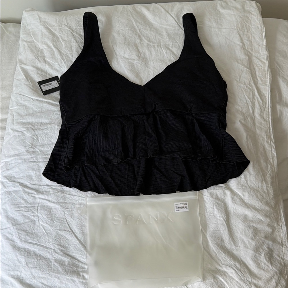 NWT SPANX Black Pique Longline Flounce Swim Top